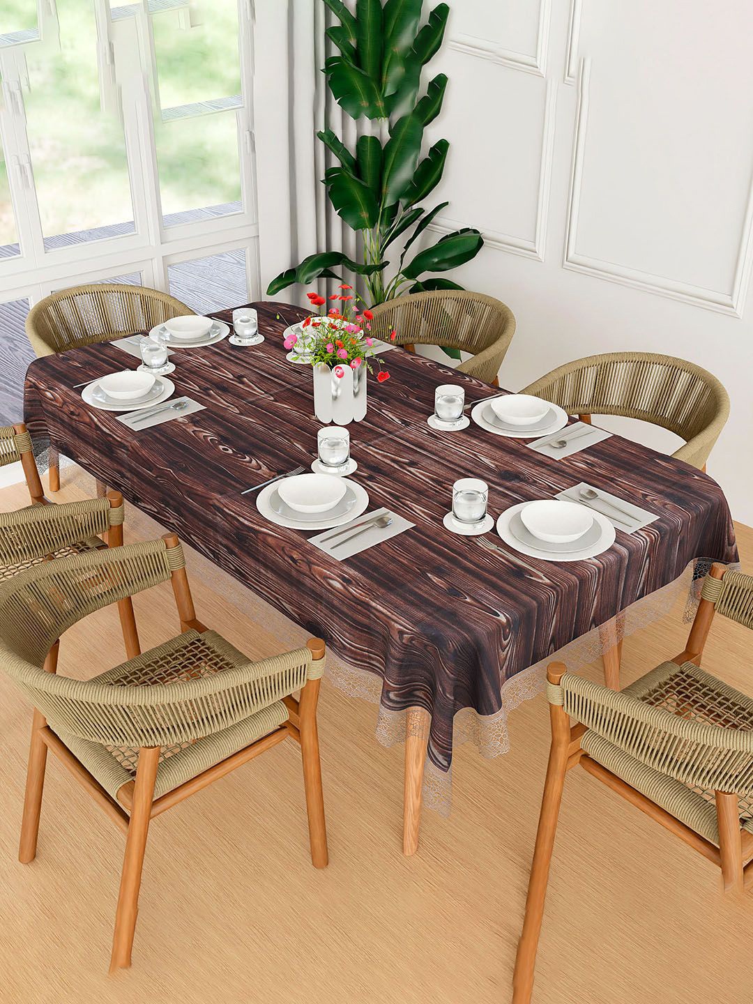 

Kuber Industries Brown Floral Waterproof 6-Seater Table Cover