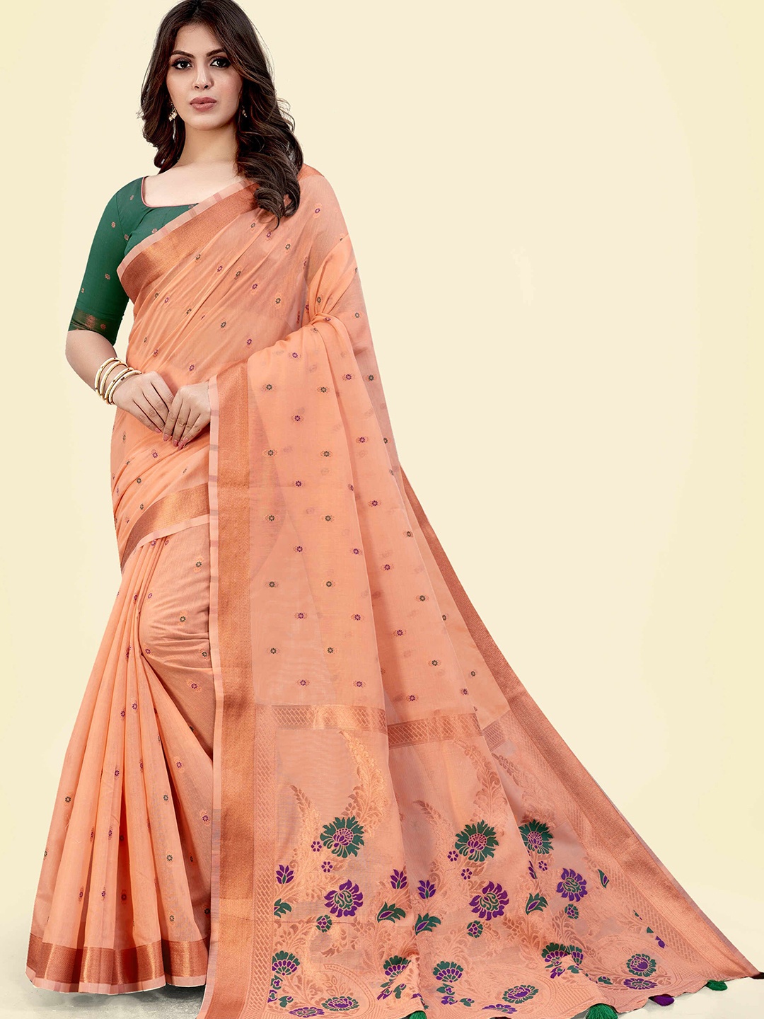 

SARHA Woven Design Pure Cotton Saree, Peach