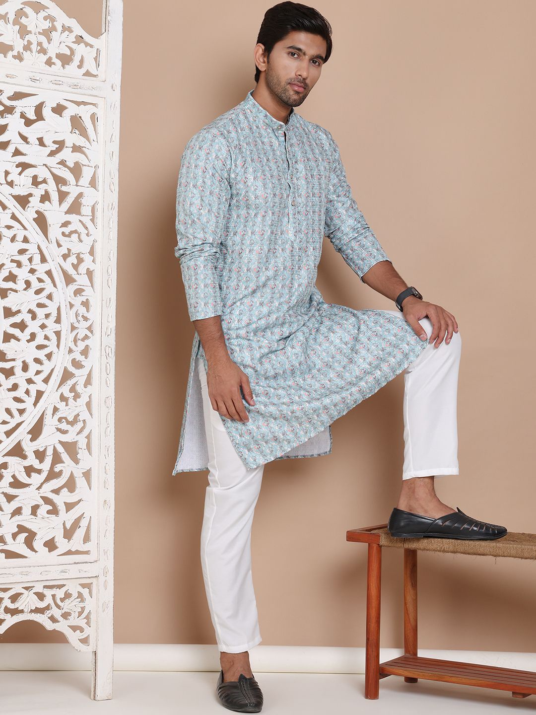 

Anouk Men Printed Regular Sequinned Kurta with Pyjamas, Turquoise blue