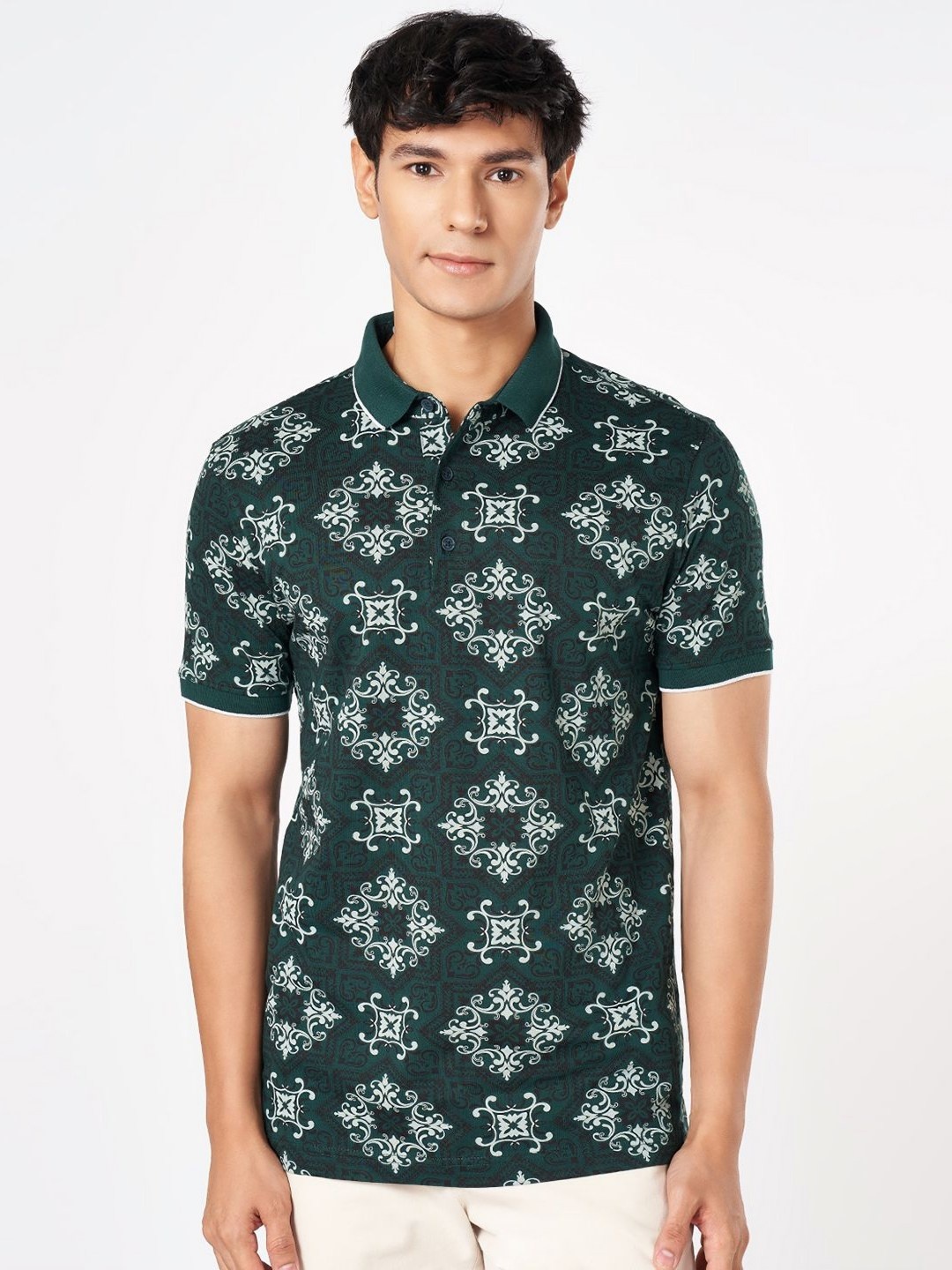 

BYFORD by Pantaloons Men Floral Printed Polo Collar Cotton Slim Fit T-shirt, Blue