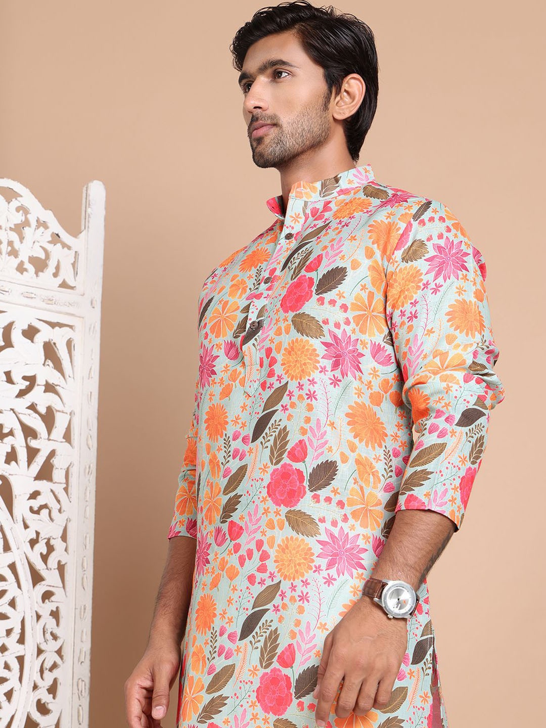 

Anouk Men Floral Printed Regular Pure Cotton Kurta with Pyjamas, Grey