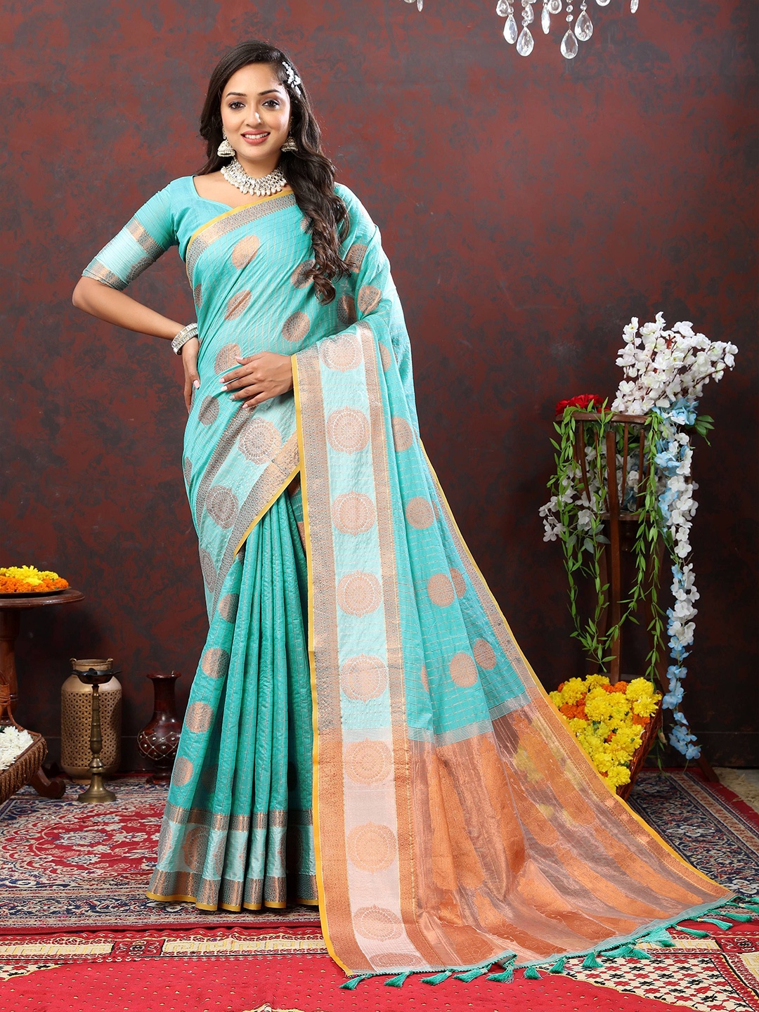 

Zeekha Ethnic Motifs Zari Pure Silk Kanjeevaram Saree, Turquoise blue