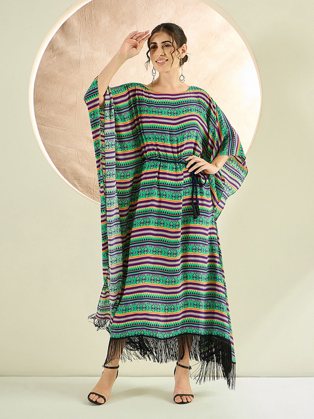 

First Resort by Ramola Bachchan Print Fringed Crepe Fit & Flare Maxi Dress, Green