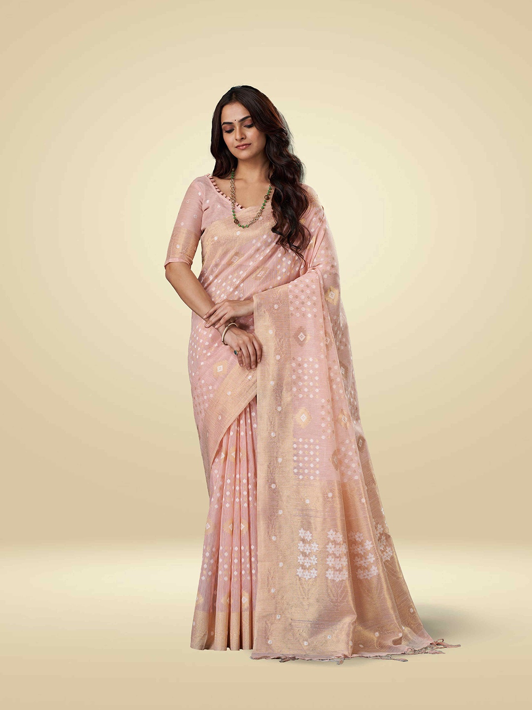 

SARHA Women Woven Design Floral Zari Pure Cotton Saree, Pink