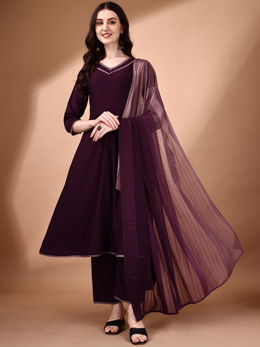 

KALINI V-Neck Anarkali Kurta with Palazzos & Dupatta, Purple