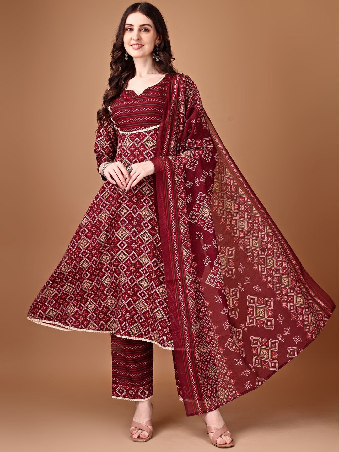 

KALINI Geometric Printed Gotta Patti Anarkali Kurta With Palazzos & Dupatta, Maroon