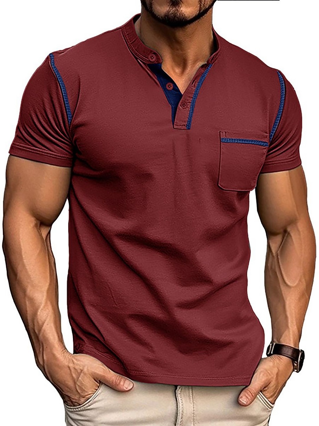 

StyleCast x Revolte Men Solid Henley Neck Cotton T-shirt, Maroon