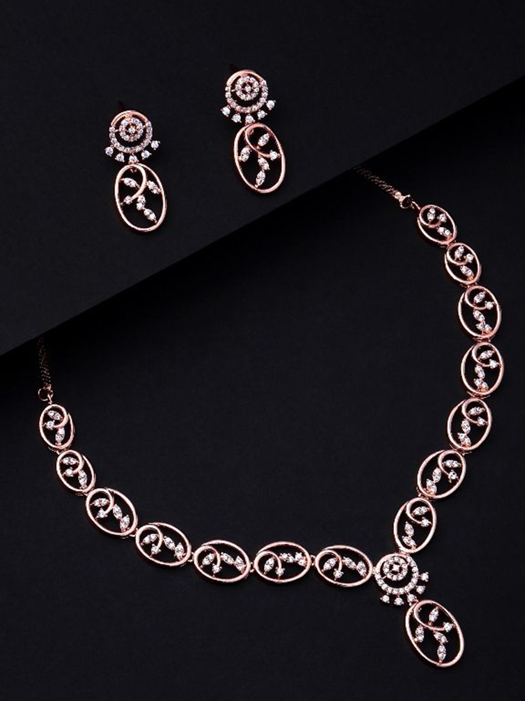 

Cierra Rose Gold-Plated AD Stone-Studded Fascinating Leaf Design Necklace & Earrings