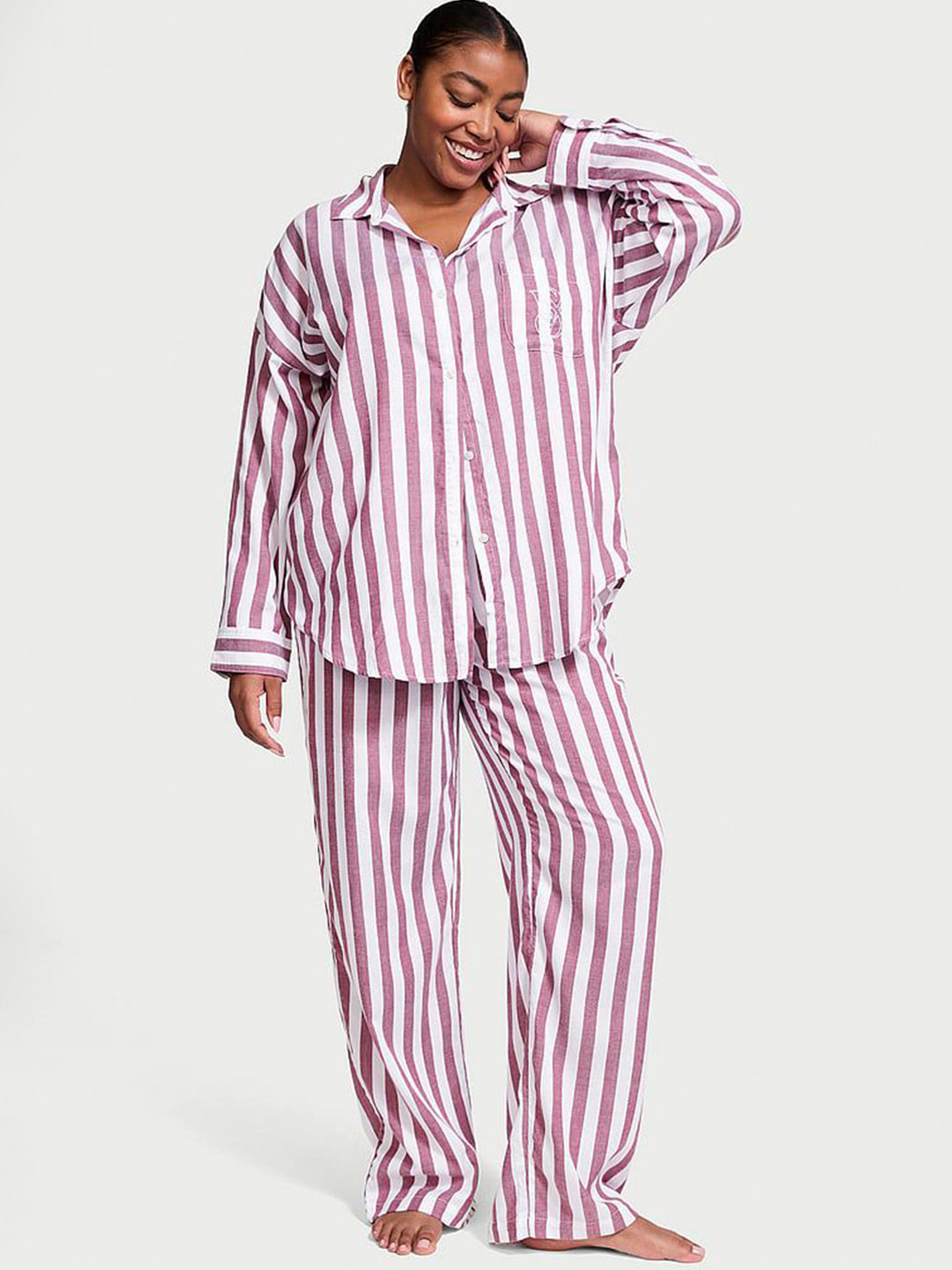 

Victoria's Secret Women Striped Printed Shirt Collar Shirt & Pyjamas Night suit, White