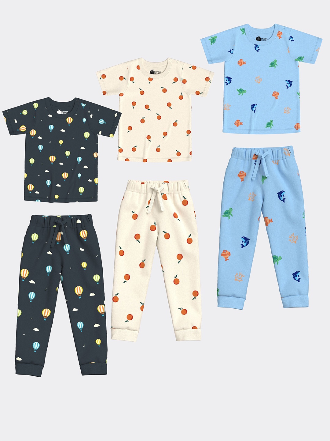 

Orange Sugar Unisex Kids Pack of 3 Printed Pure Cotton T-shirt with Pyjamas, White