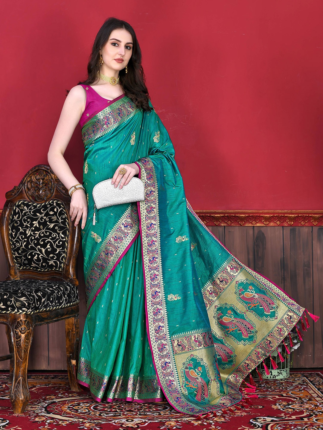 

Zeekha Woven Design Zari Pure Silk Kanjeevaram Saree, Lime green