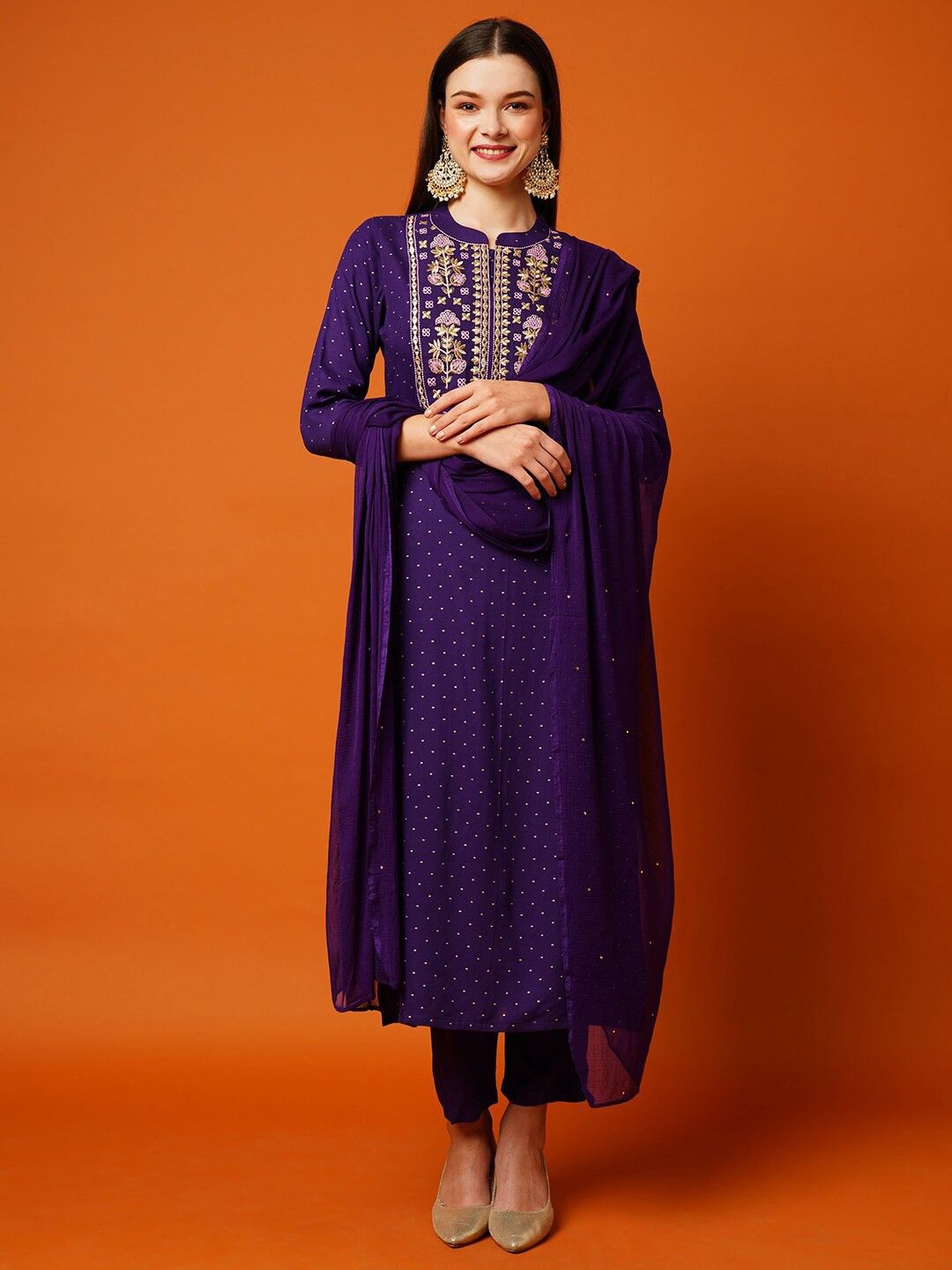 

GoSriKi Women Floral Embroidered Regular Kurta with Palazzos & With Dupatta, Purple
