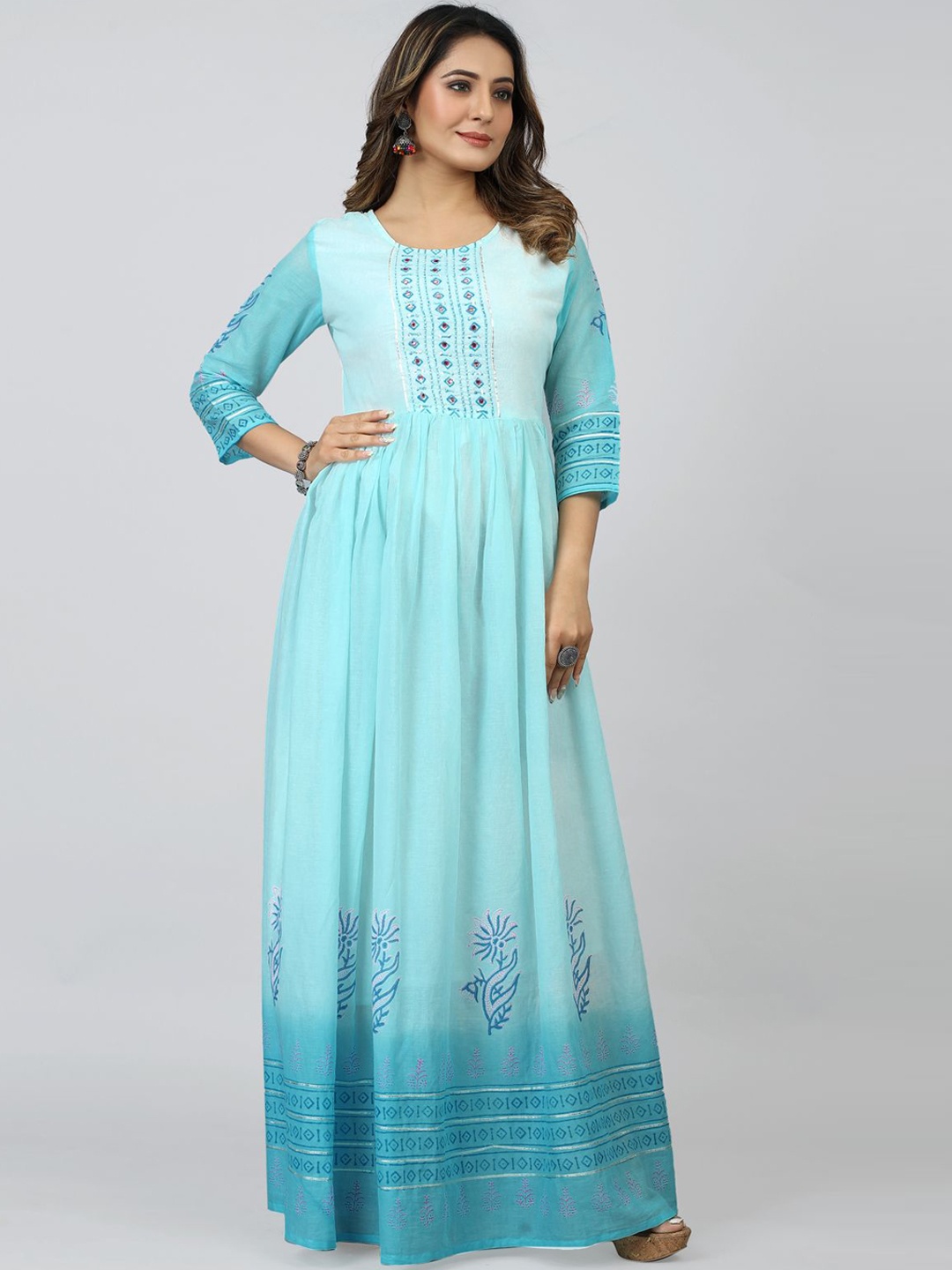 

SARRAS Cotton Printed Flared Maxi Ethnic Dresses, White