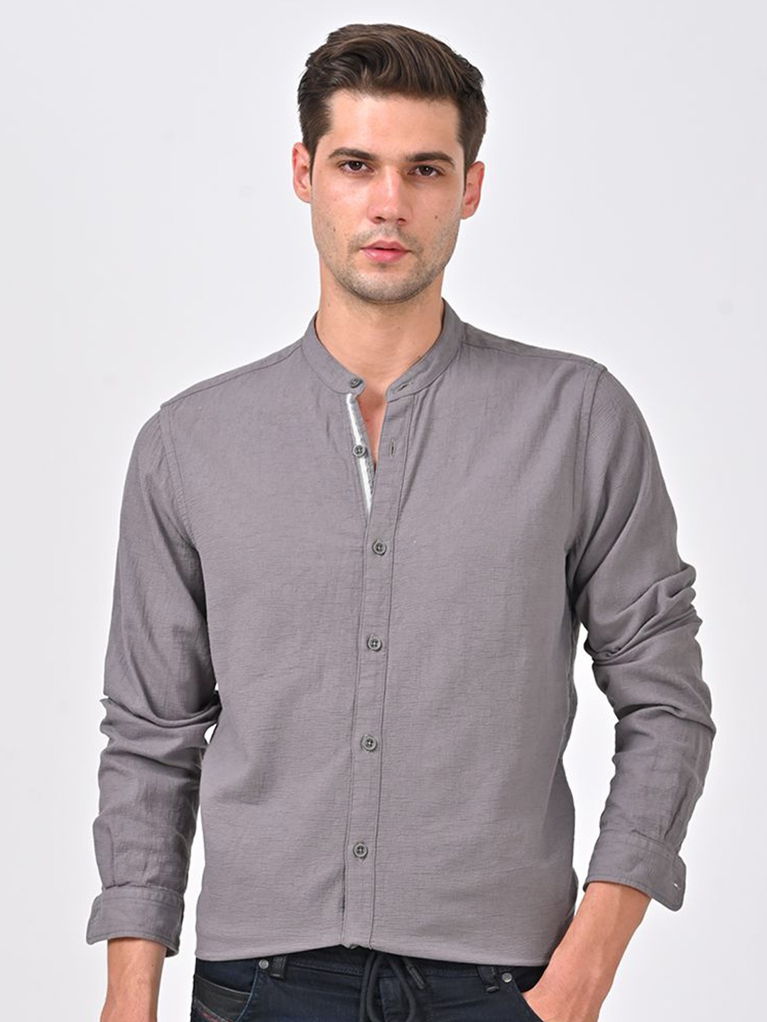 

POE Men Smart Slim Fit Opaque Casual Shirt, Grey