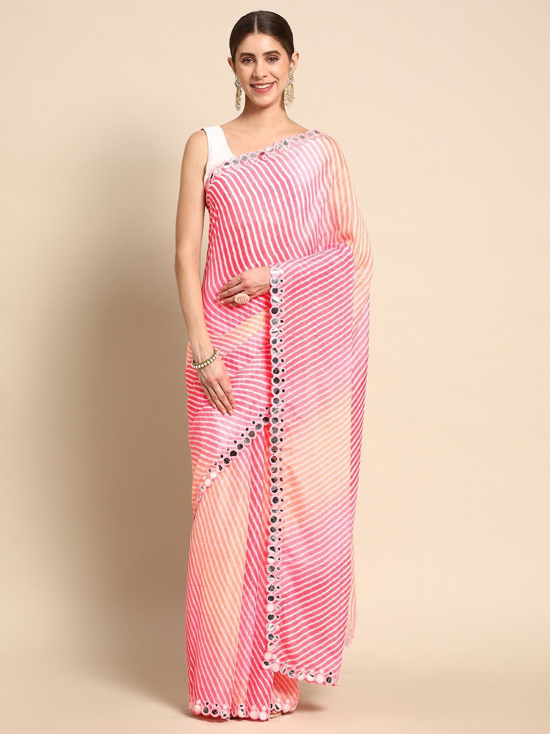 

VIRICA Leheriya Embroidered Linen Blend Saree, Pink