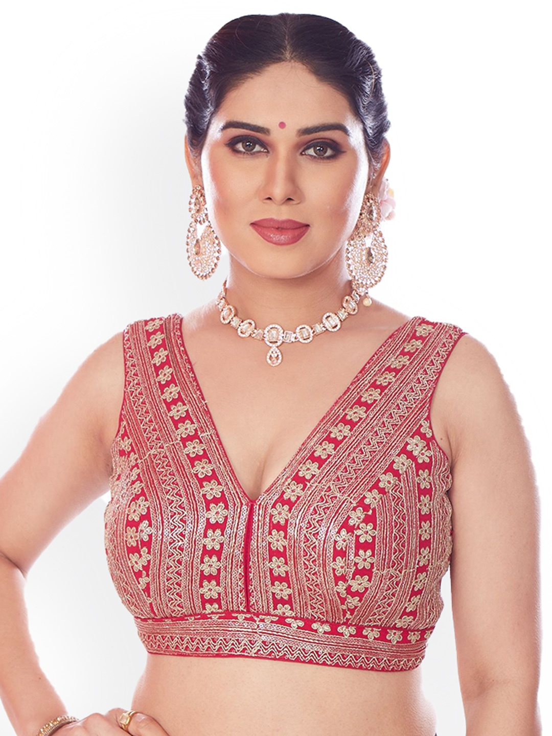 

Mmore Embroidered V Neck Saree Blouse, Red