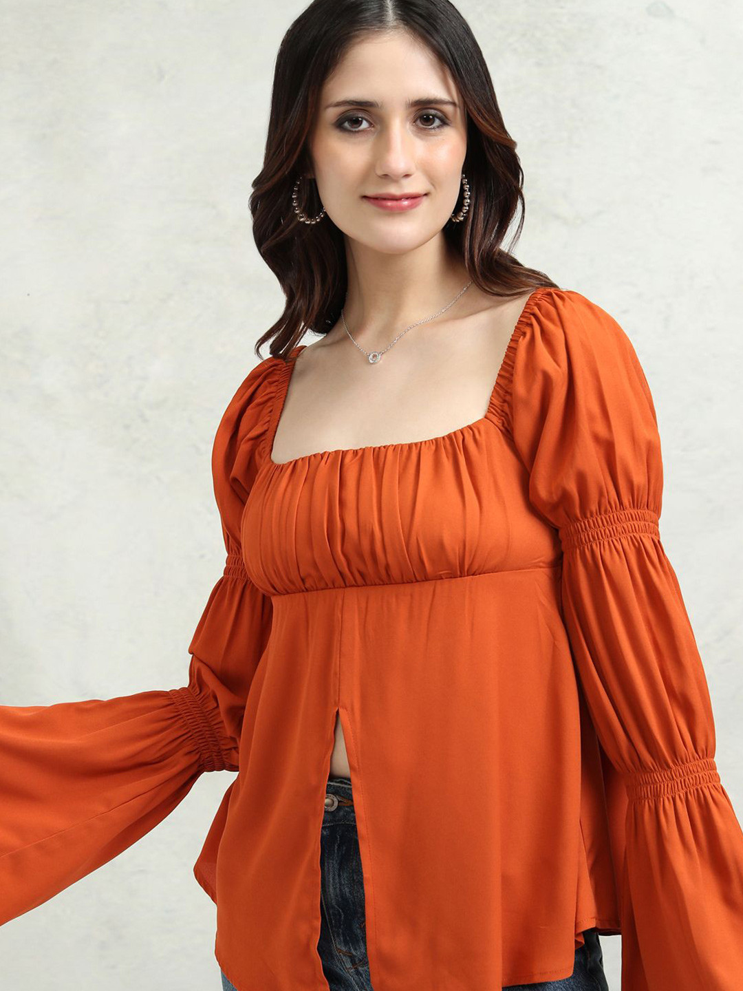 

Tokyo Talkies Women Solid Square Neck Top, Orange