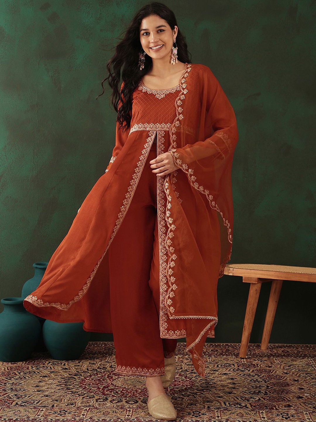 

Sangria Sequence Embroidered Front Slit Kurta With Trousers & Dupatta, Orange
