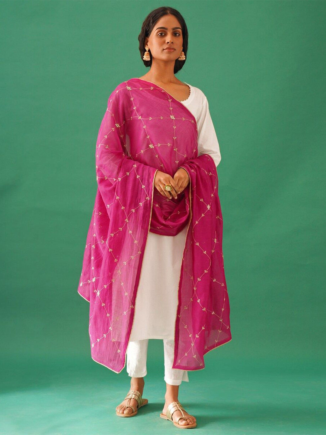 

JAYPORE Embroidered Cotton Silk Dupatta, Pink