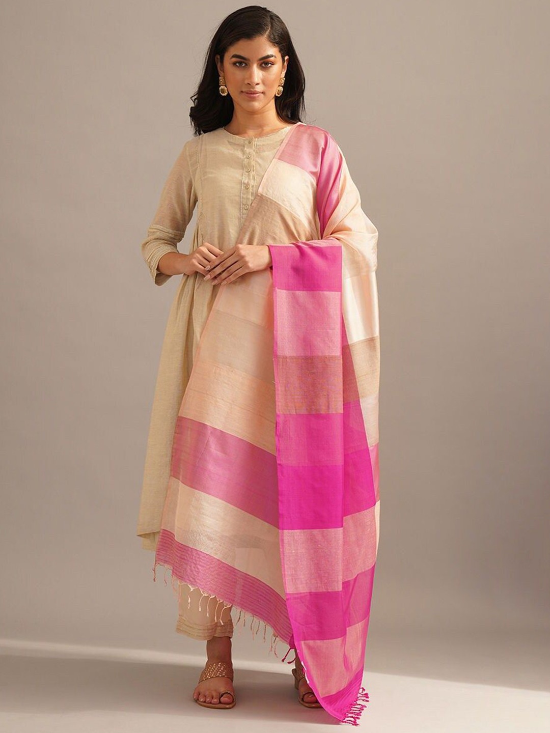 

JAYPORE Striped Cotton Silk Dupatta, Pink