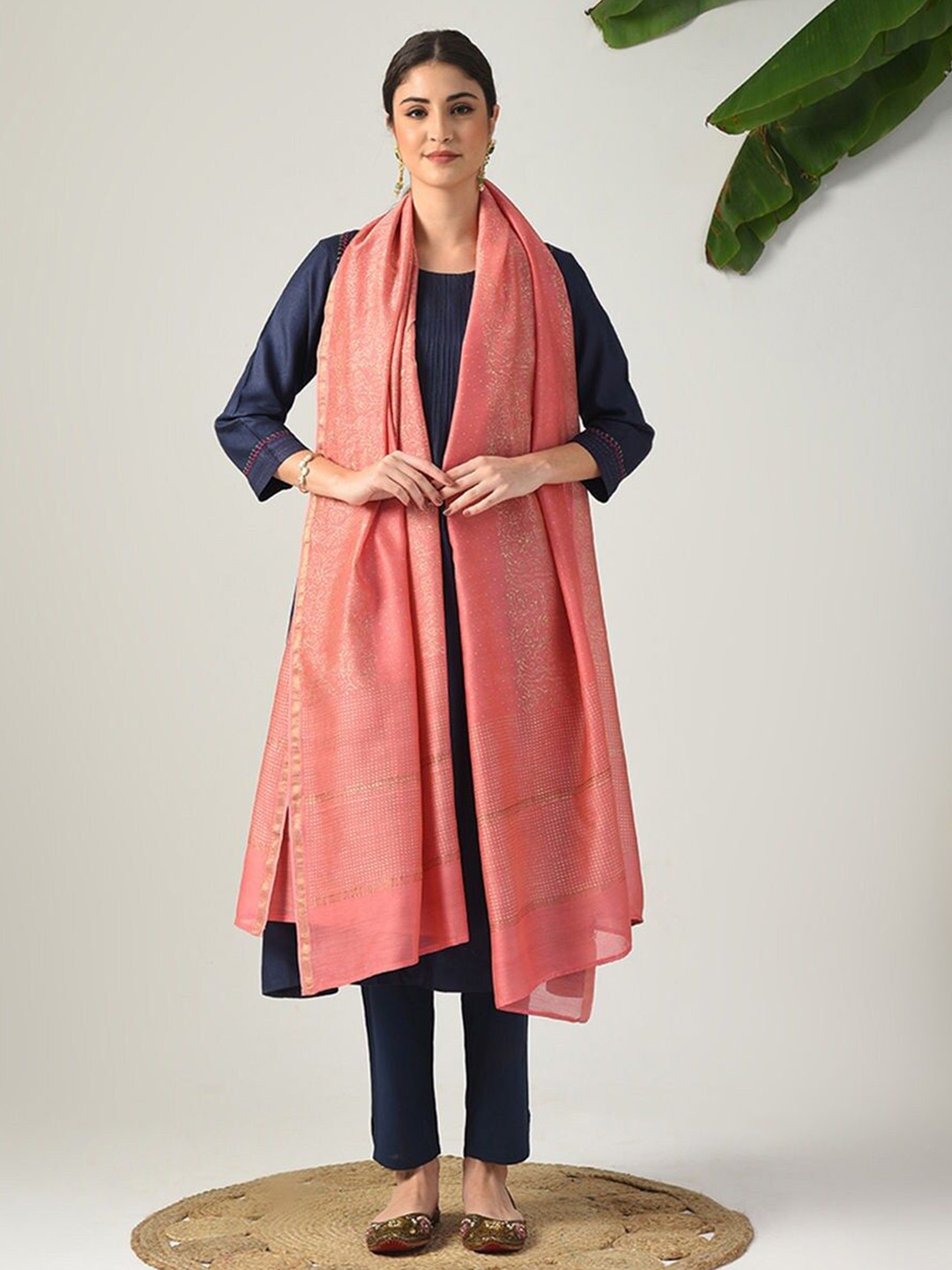 

JAYPORE Woven Design Cotton Silk Dupatta, Peach