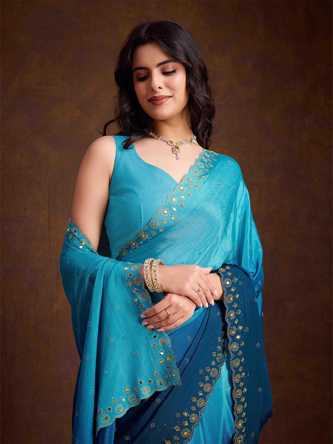 

Mitera Ombre Mirror Work Poly Chiffon Saree, Blue