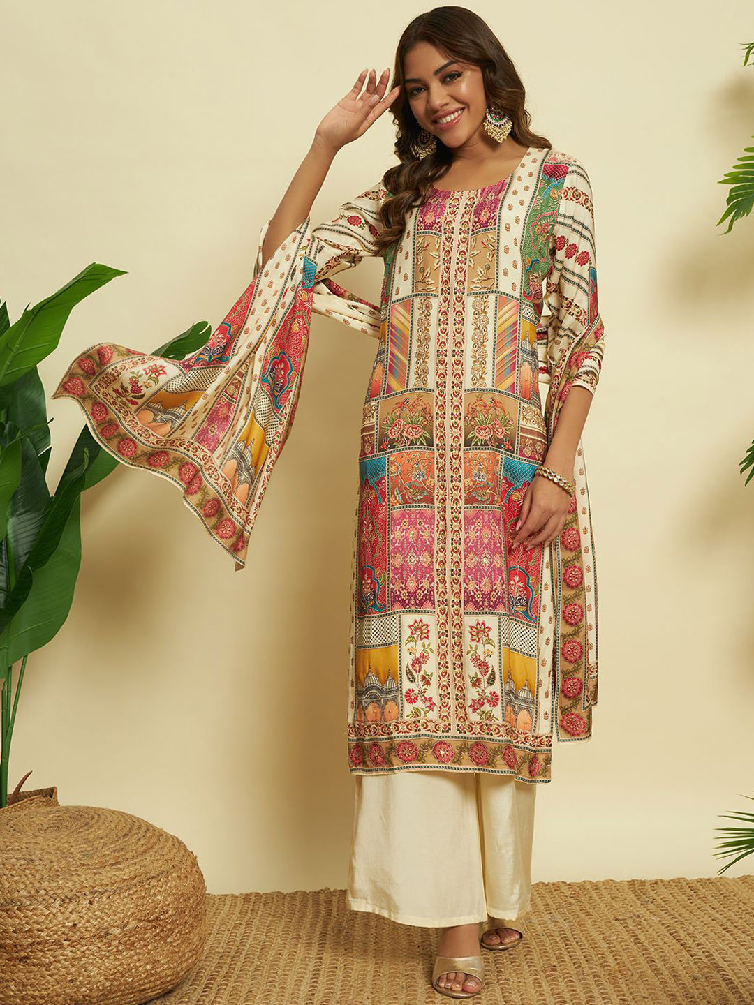 

VESH Women Floral Printed Regular Pure Cotton Kurta with Trousers & With Dupatta, Brown