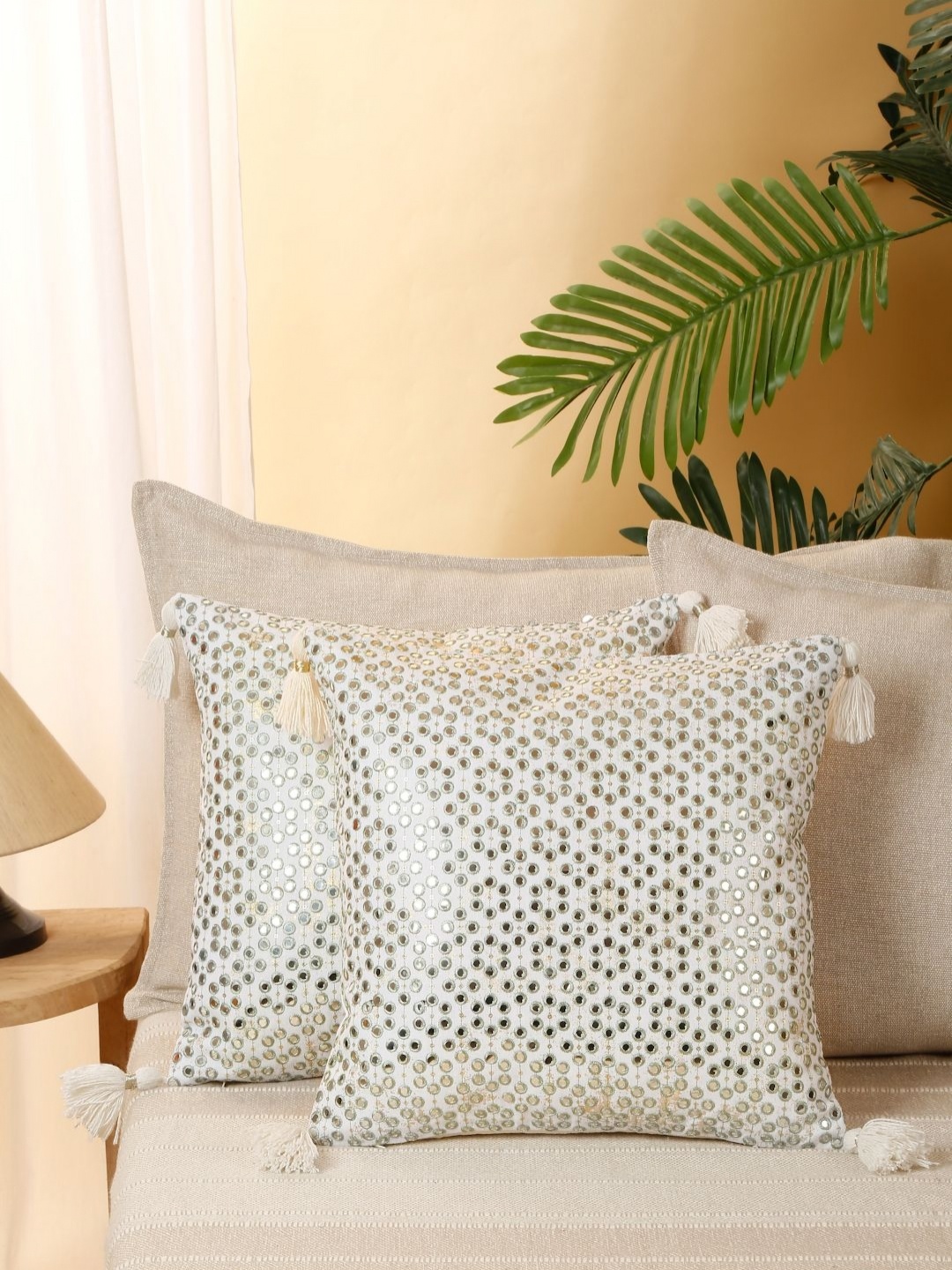 

eyda Green & Beige 2 Pieces Mirror Work Tasselled Cushion Covers
