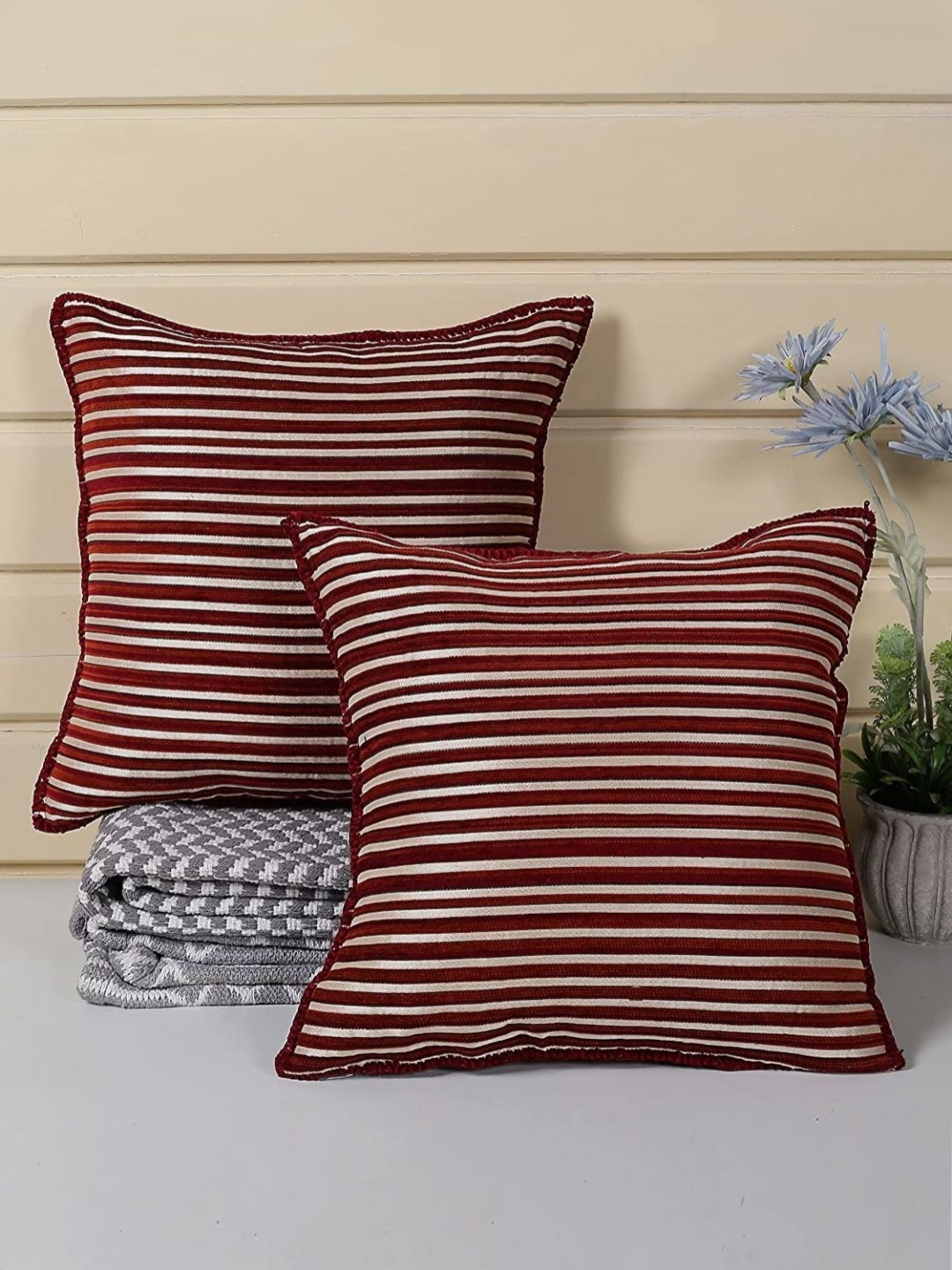 

Saral Home Red & Beige 2 Pieces Striped Square Cushion Covers