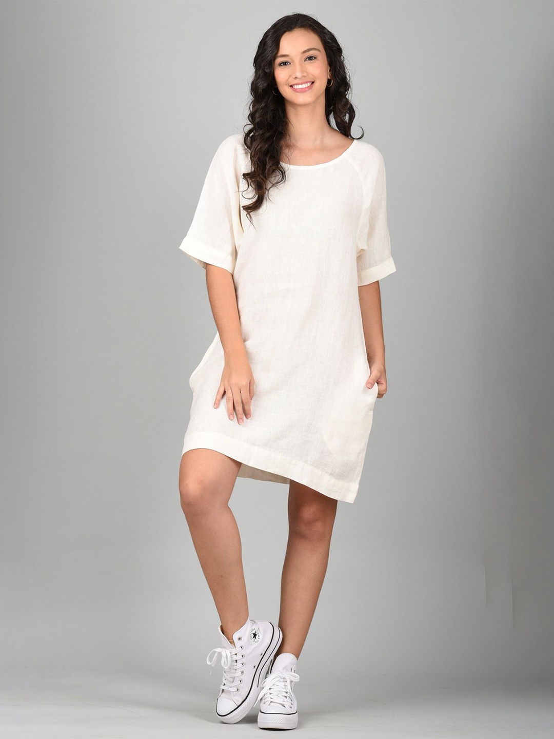 

Linen Options Solid Linen A-Line Dress, Off white