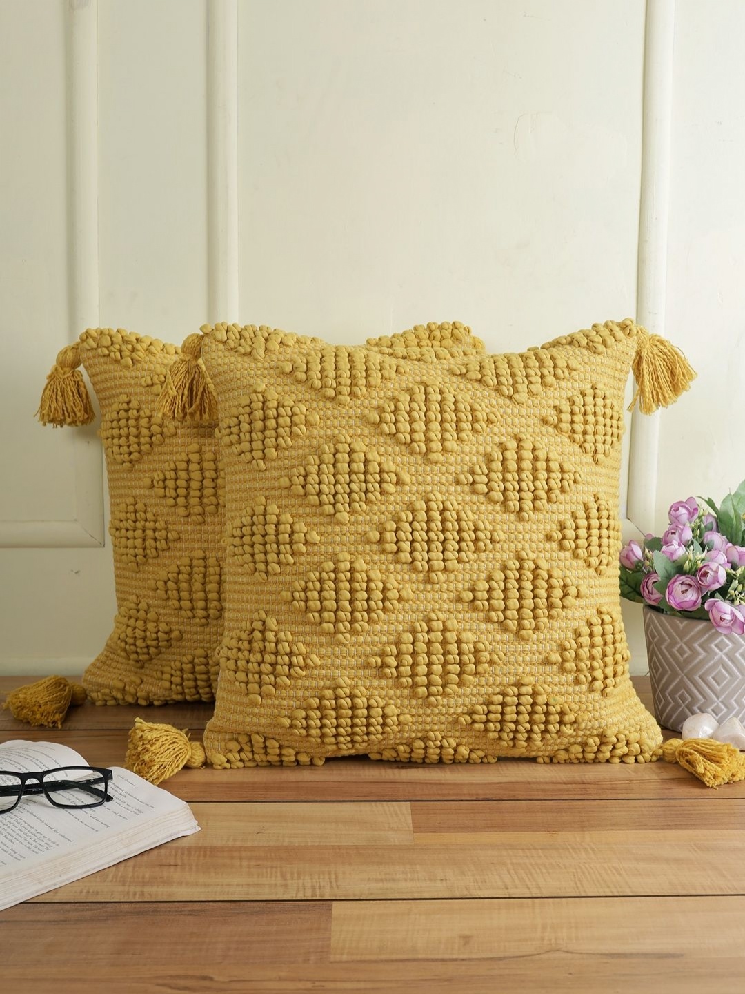 

eyda Yellow 2 Pieces Textured Tasselled Cotton Square Cushion Covers