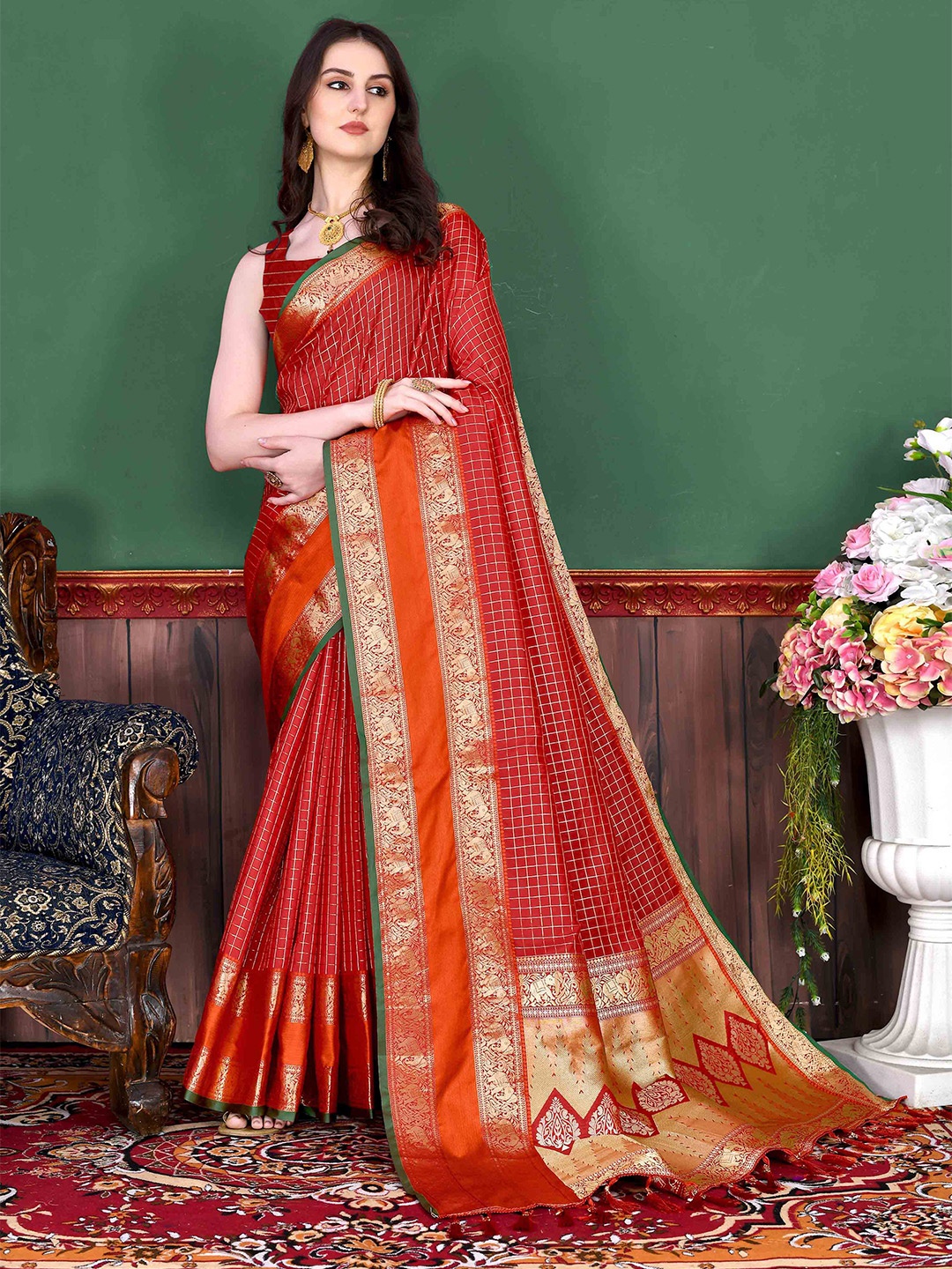 

Zeekha Woven Design Zari Pure Silk Kanjeevaram Saree, Red