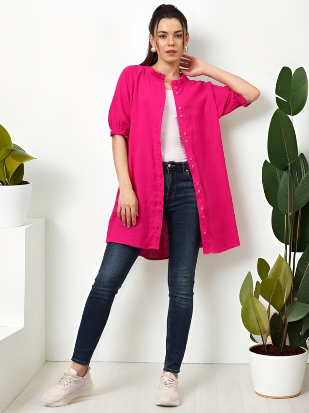 

CHARMGAL Women Classic Mandarin Collar Solid Cotton Relaxed Fit Casual Shirt, Pink