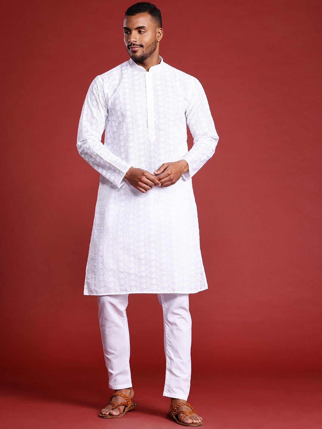 

MANQ Floral Embroidered Thread Work White Romance Pure Cotton Straight Kurta