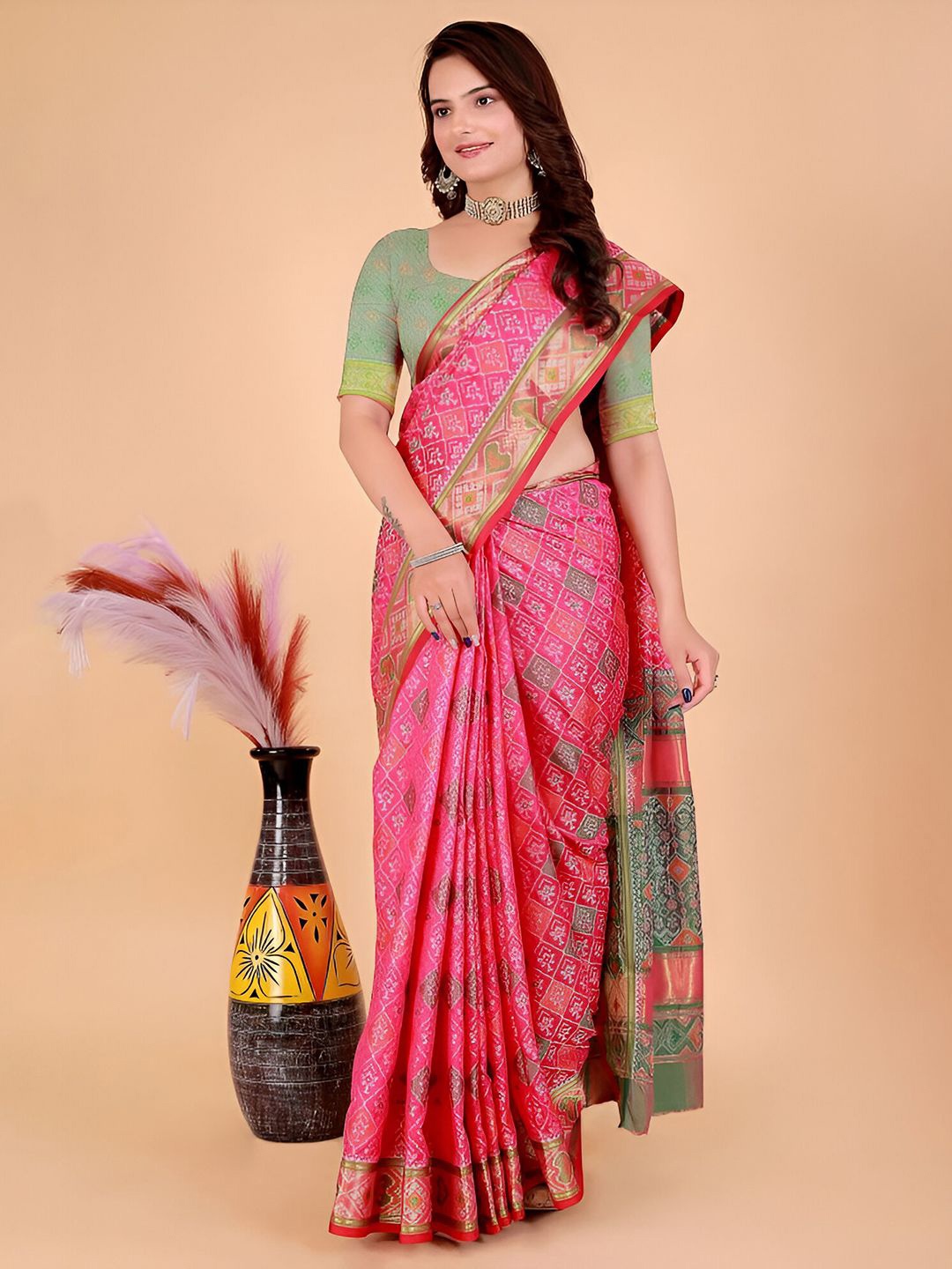 

Mitera Floral Silk Blend Patola Saree, Pink