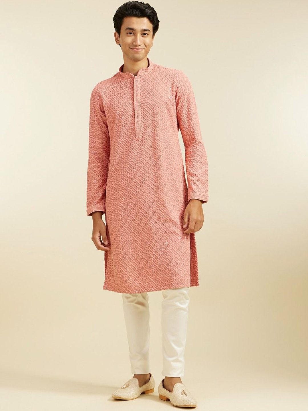 

Diwas by Manyavar Geometric Chikankari Embroidered & Sequinned Mandarin Collar Kurta, Coral