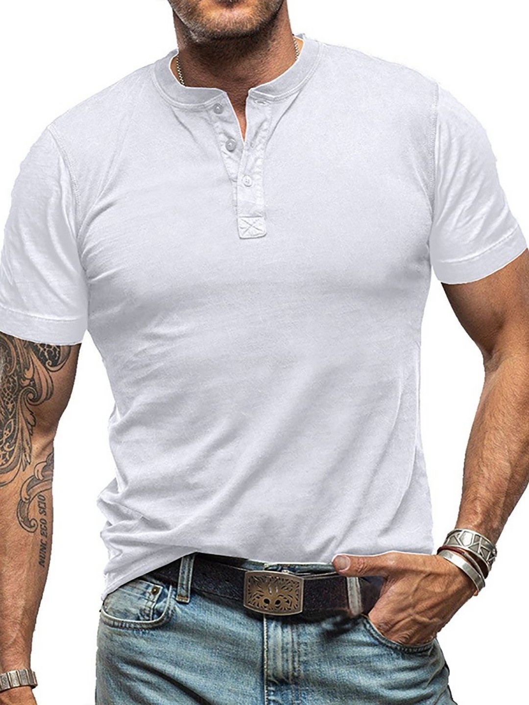 

StyleCast x Revolte Men Solid Henley Neck Cotton T-shirt, White