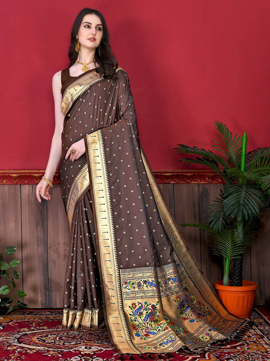 

Zeekha Woven Design Zari Pure Silk Kanjeevaram Saree, Brown