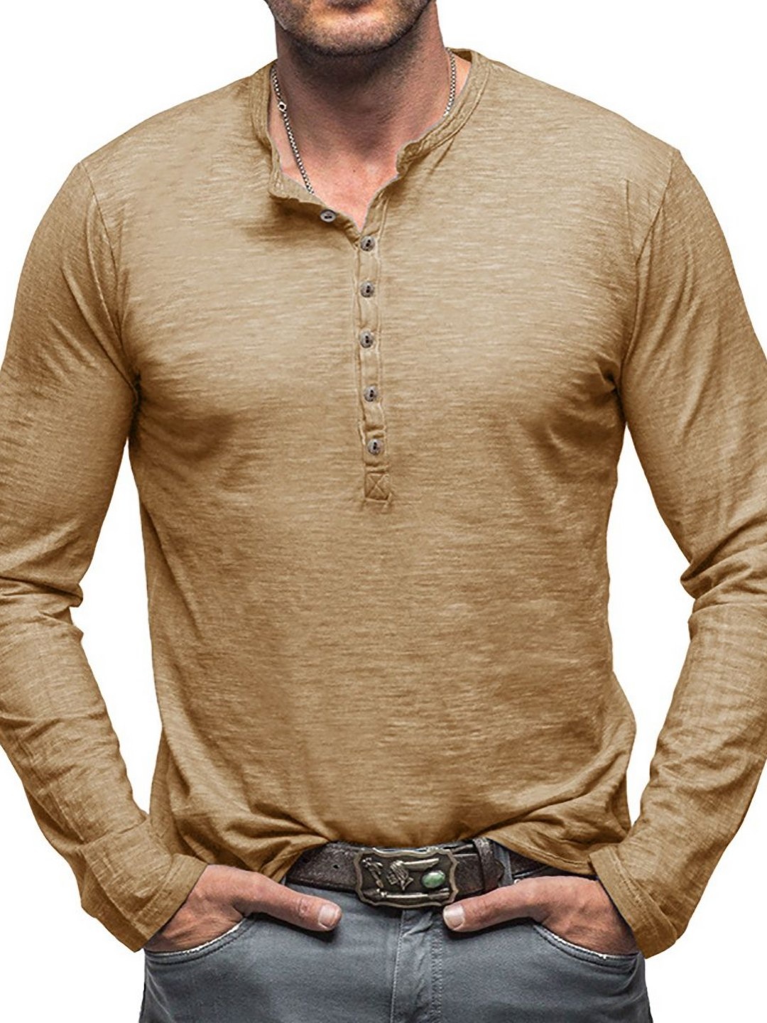 

StyleCast x Revolte Men Solid Henley Neck T-shirt, Khaki