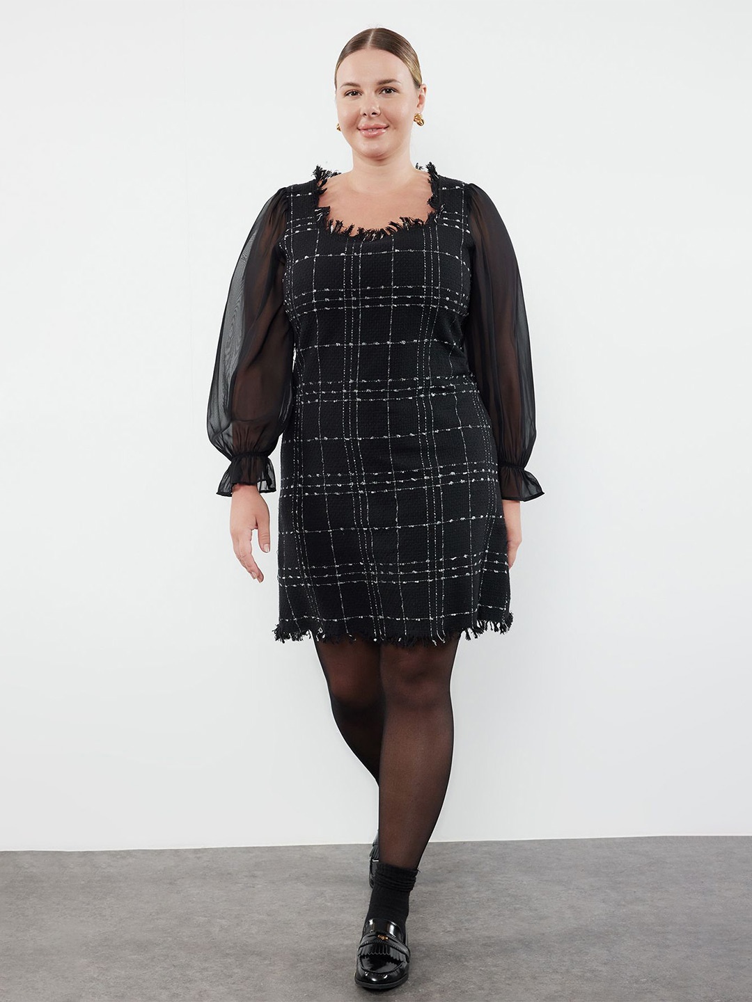 

Trendyol Checked Puff Sleeve A-Line Dress, Na