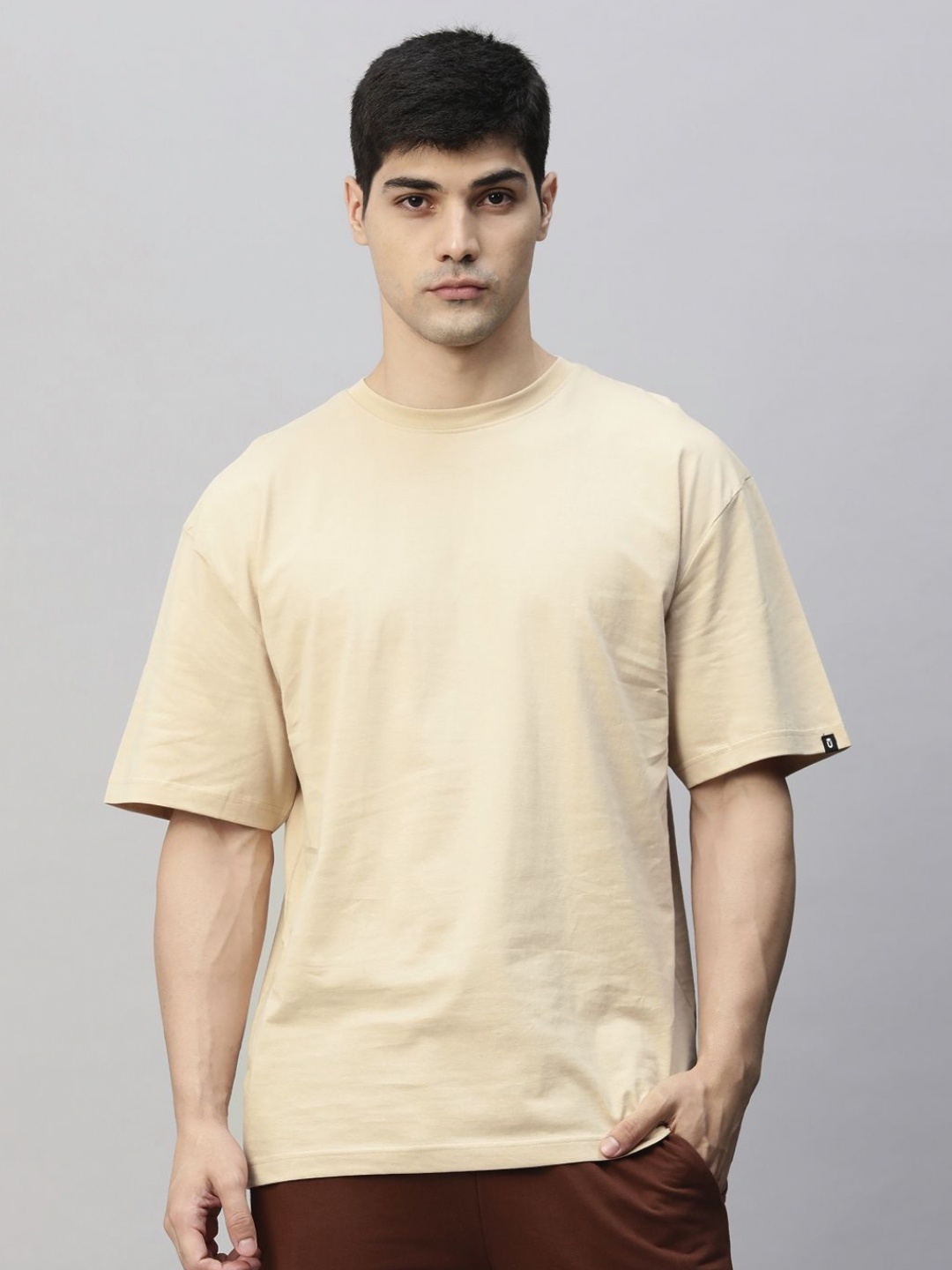 

PRONK Men Solid Round Neck Cotton Oversized T-shirt, Beige