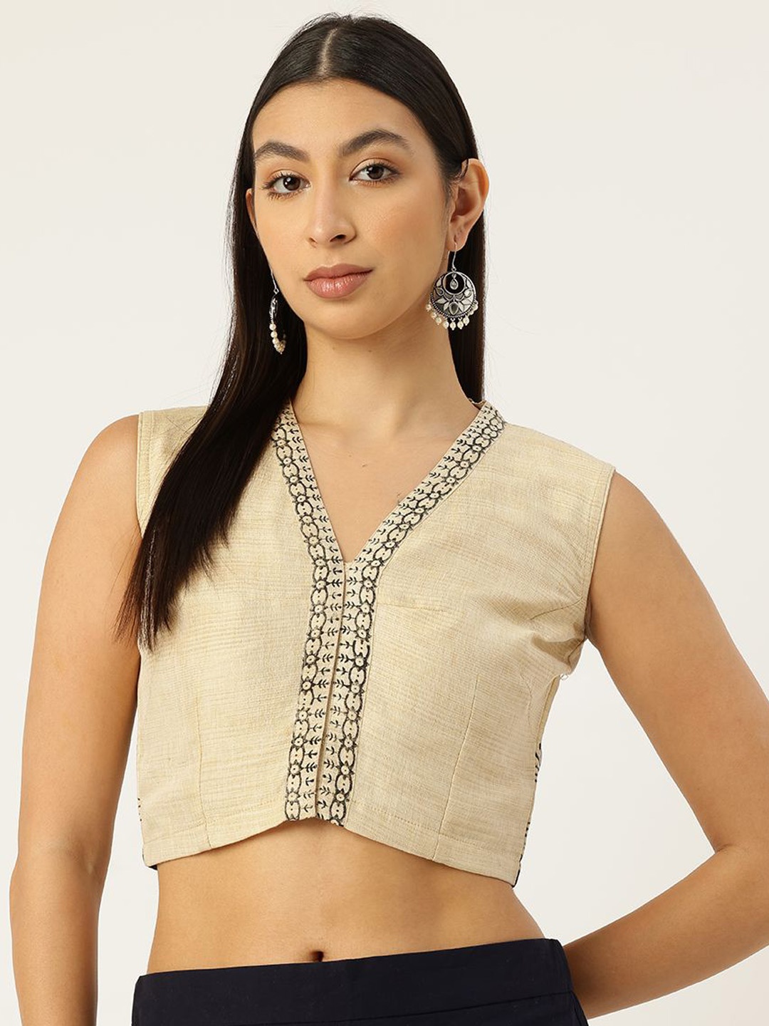 

Molcha Women Printed Non-Padded Pure Cotton Saree Blouse, Beige