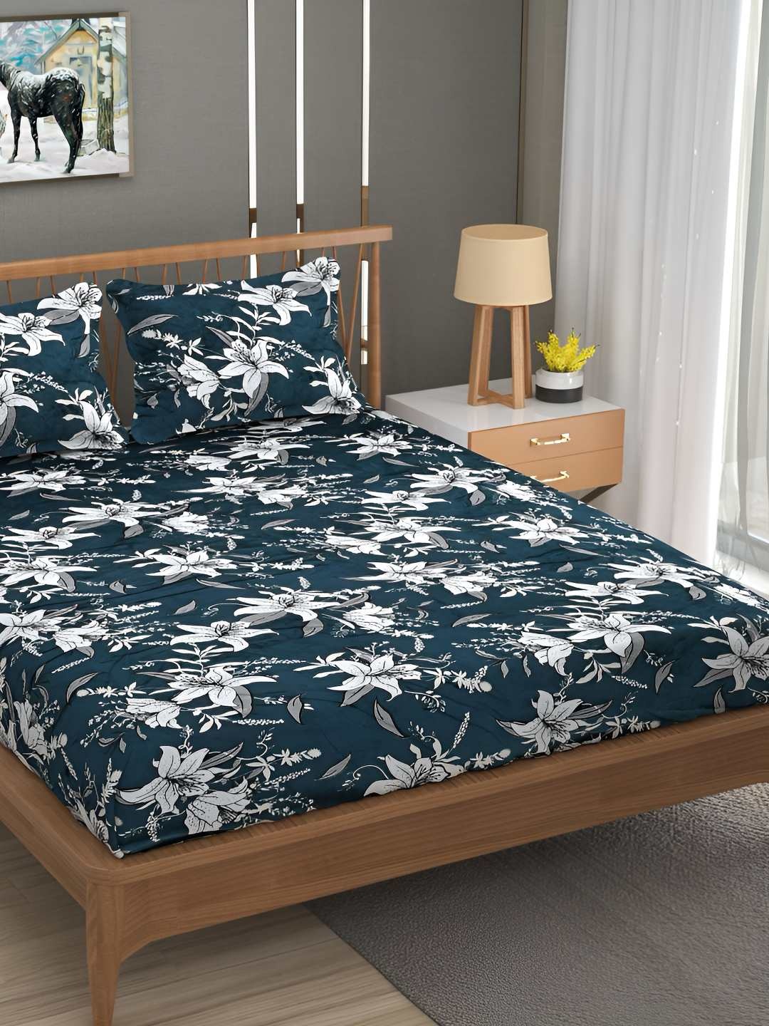 

B' Decorlish Teal Blue & White Printed Fitted Double Bed Cover with 2 Pillow Covers