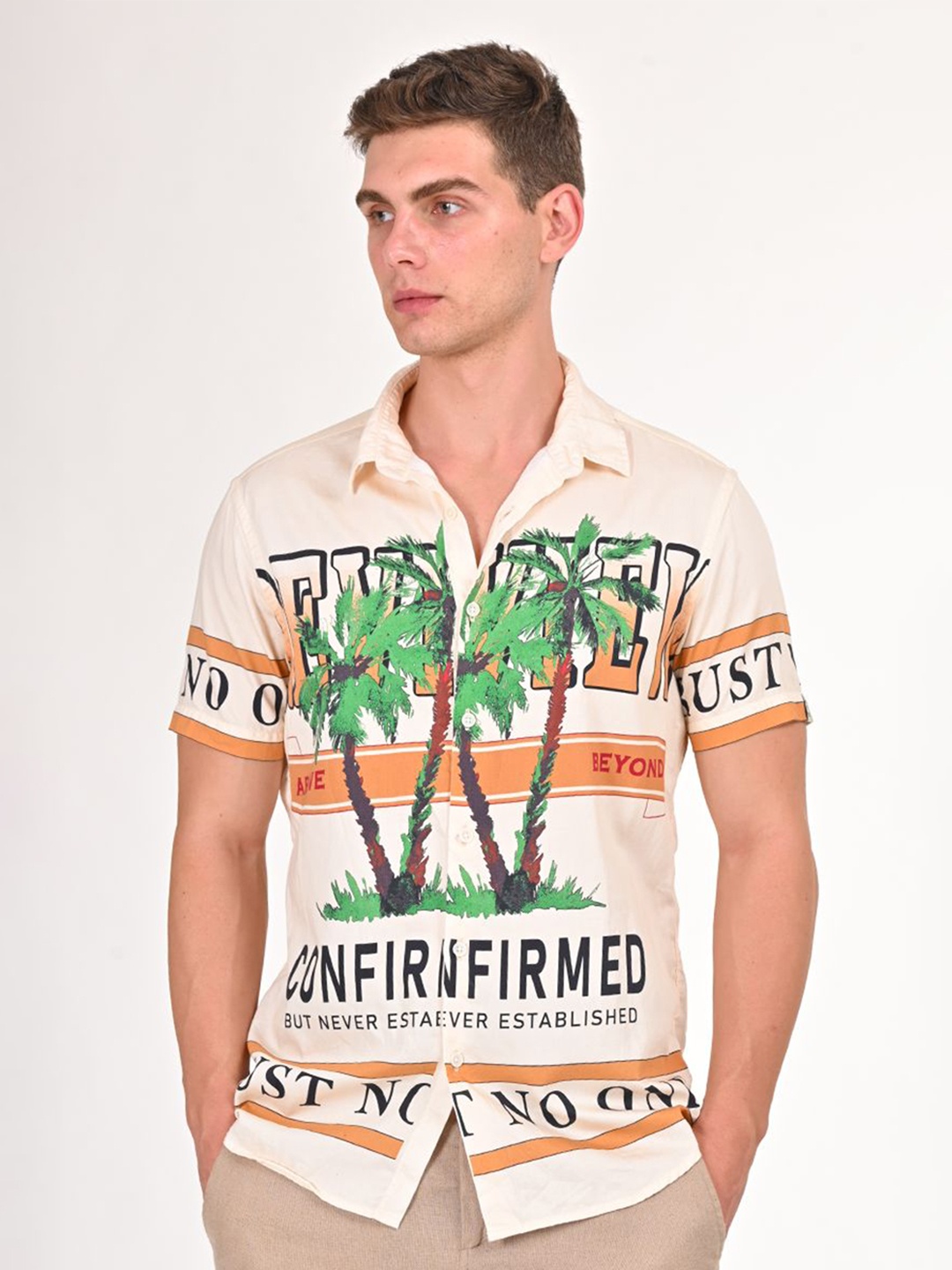 

POE Men Smart Slim Fit Opaque Printed Casual Shirt, Cream