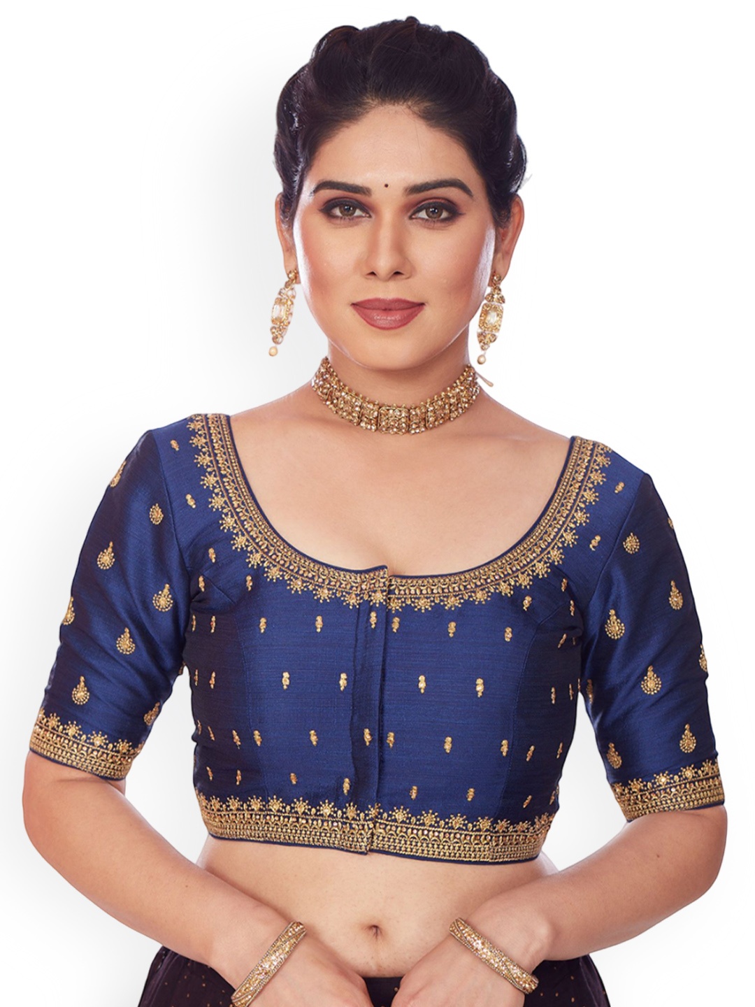 

Mmore Embroidered Padded Saree Blouse, Navy blue