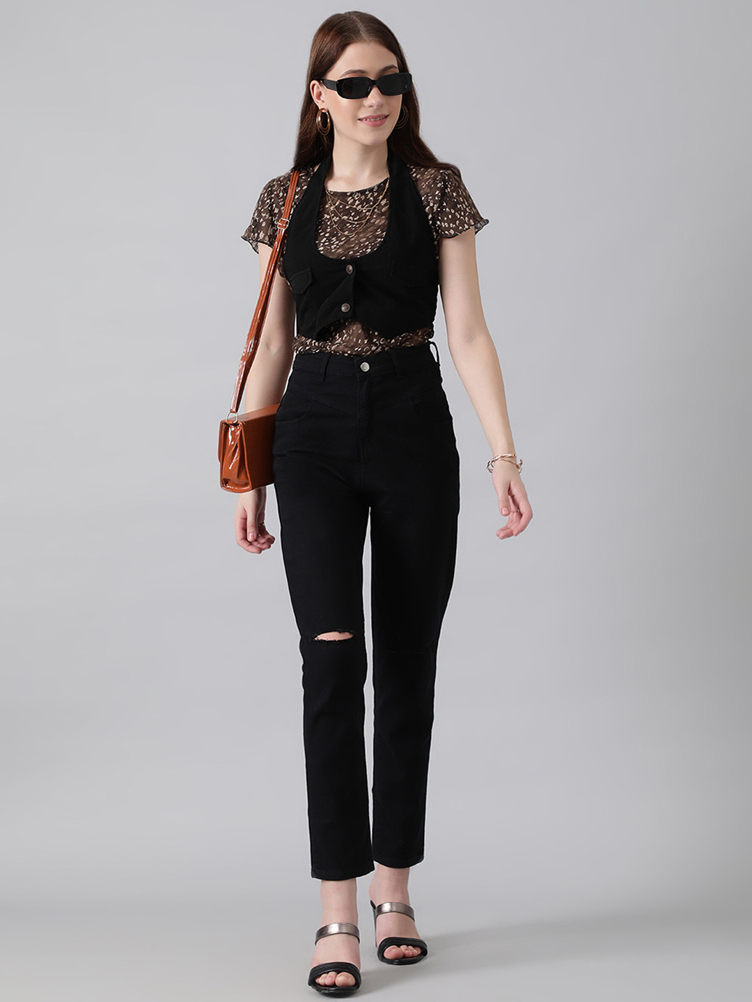 

Kotty Women Slim Fit High-Rise Slash Knee Stretchable Jeans, Black