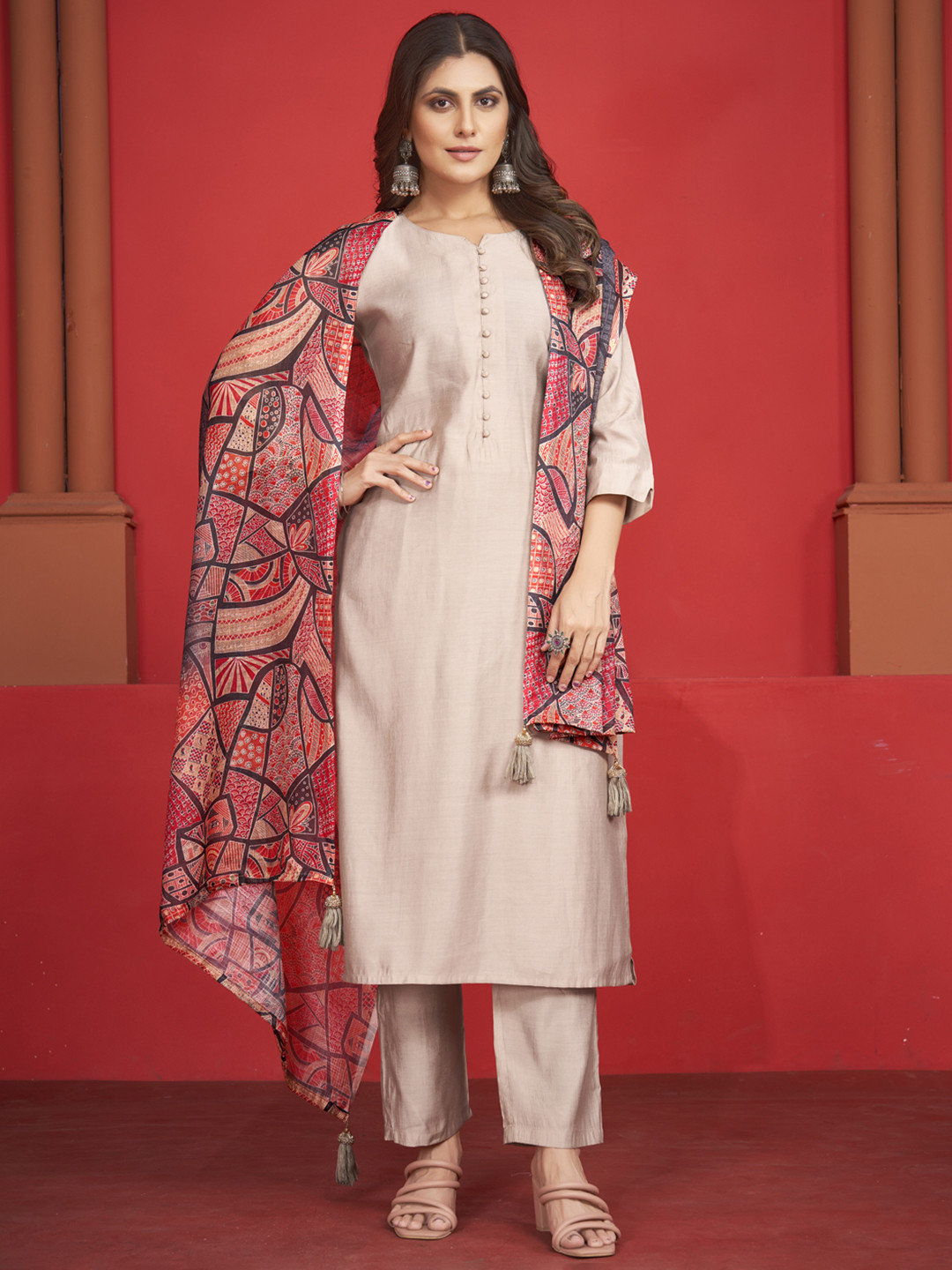 

STYLE SAMSARA Art Silk Regular Straight Kurta with Trousers & Dupatta, Beige