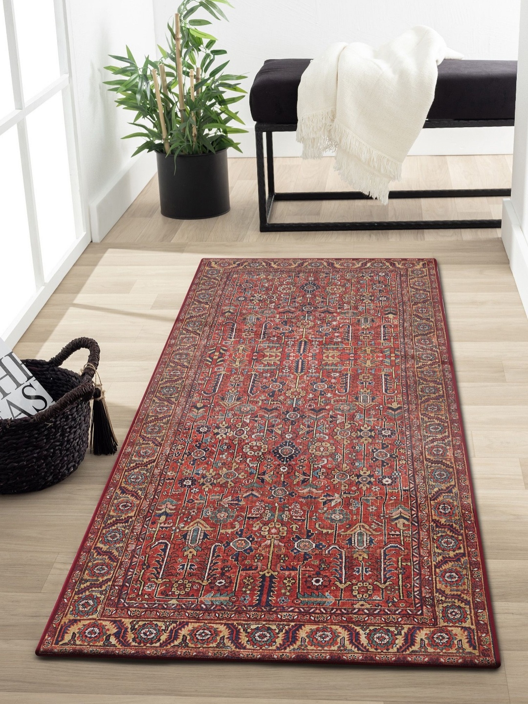 

OBSESSIONS Beige & Black Ethnic Motifs Rectangular Bedside Runners, Rust