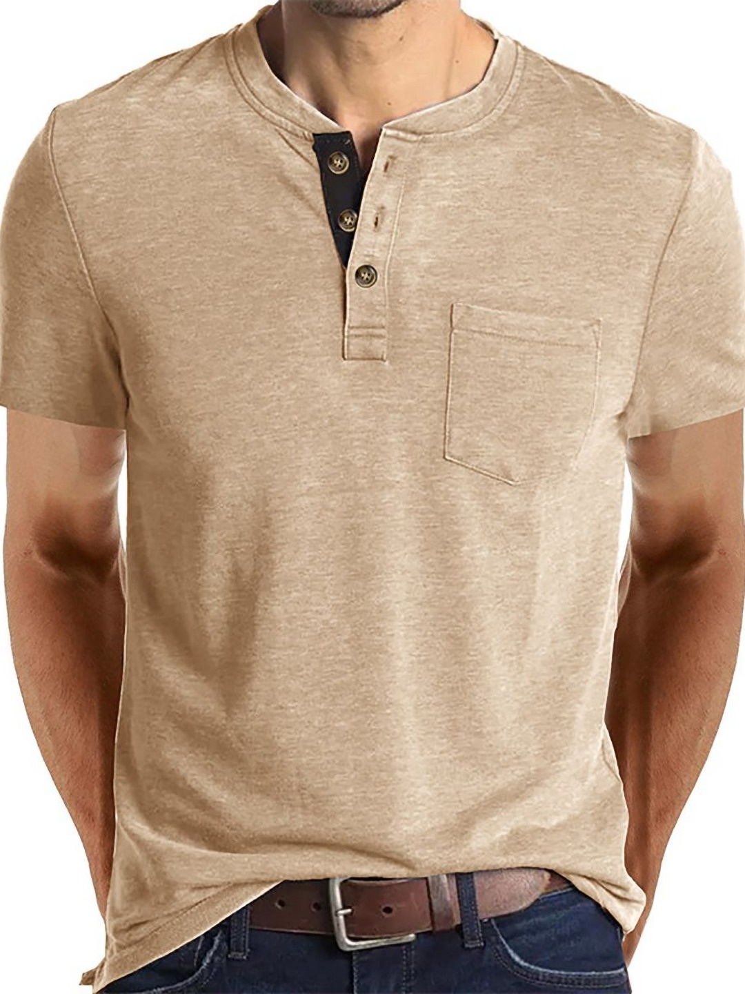 

StyleCast x Revolte Men Solid Henley Neck T-shirt, Beige