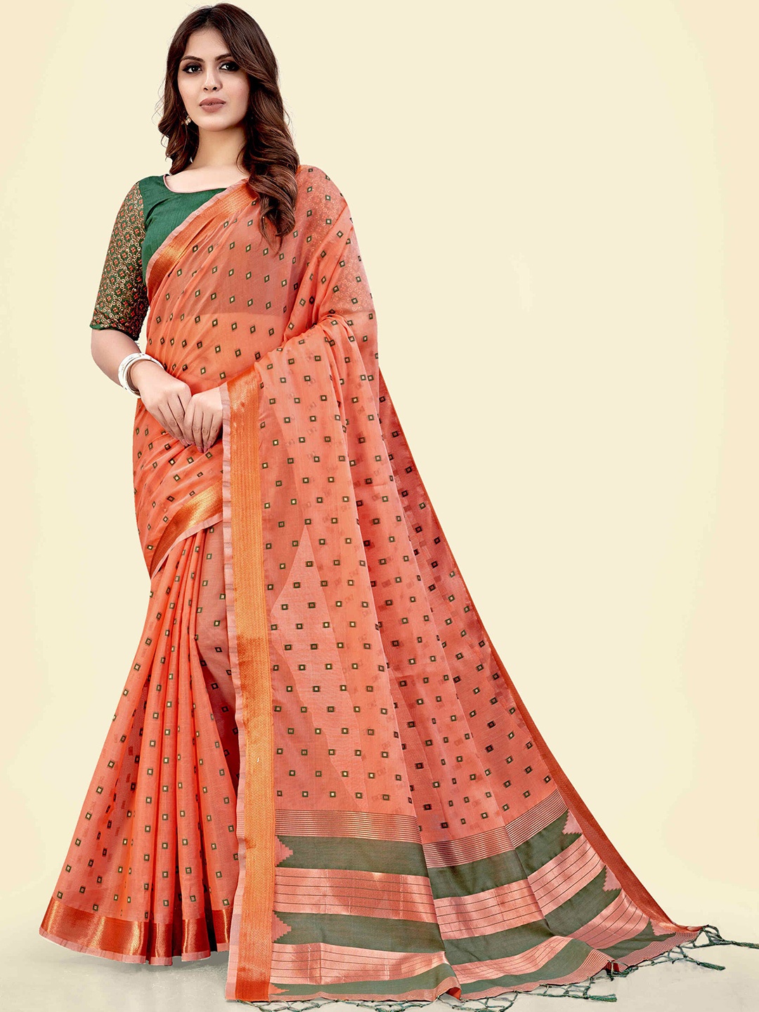 

SARHA Woven Design Zari Pure Cotton Saree, Orange